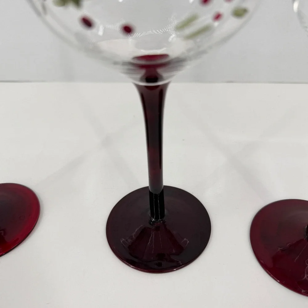 Pfaltzgraff Winterberry Wine Glass Set 3 Clear Red Holiday Holly Berry 8.5 Inch
